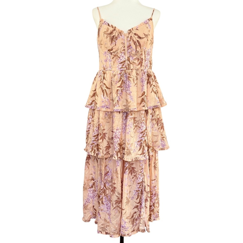 House of Harlow 1960 Tiered Maxi Dress Floral Print Peach Lace Up Bustier Size S